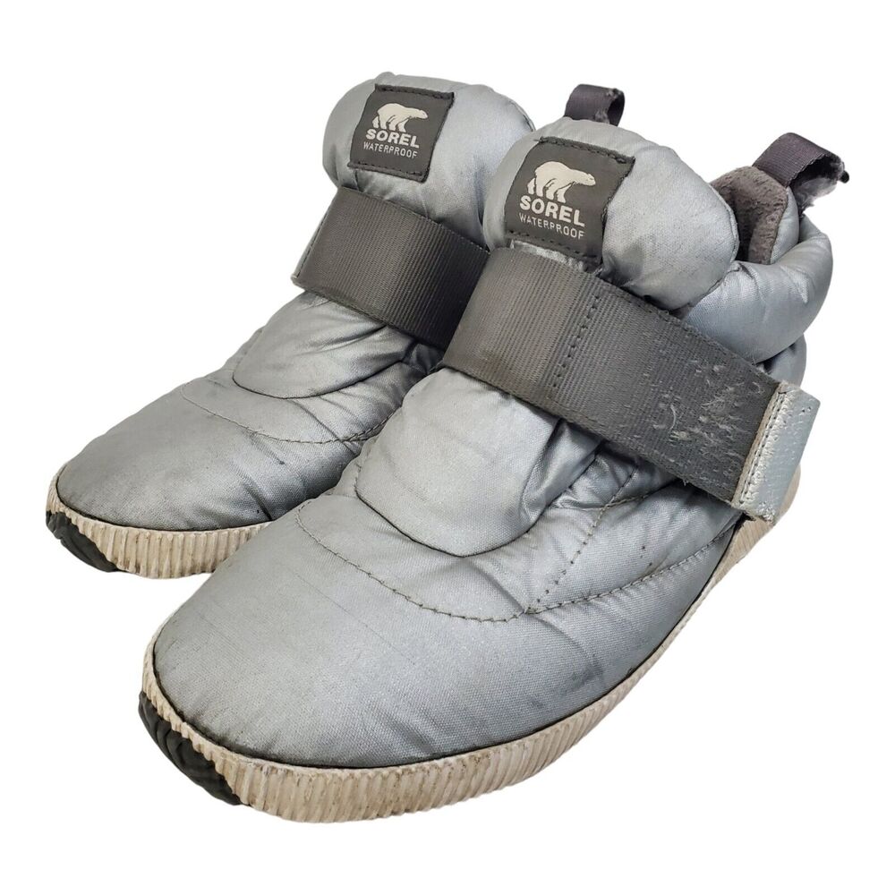 SOREL Shoes OUT N ABOUT Womens Size 9.5 Silver Puffy WATERPROOF Booties NL3400-0